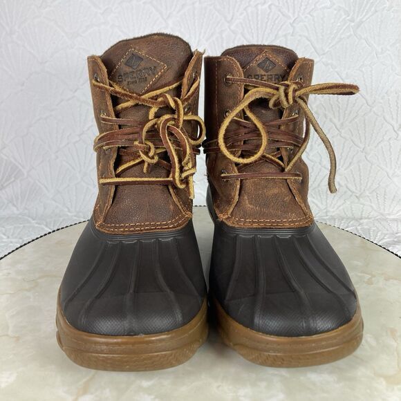 Sperry Duck Boots Womens Size 7 Black Brown Leather Outdoor Rubber Rain Booties - Picture 3 of 15